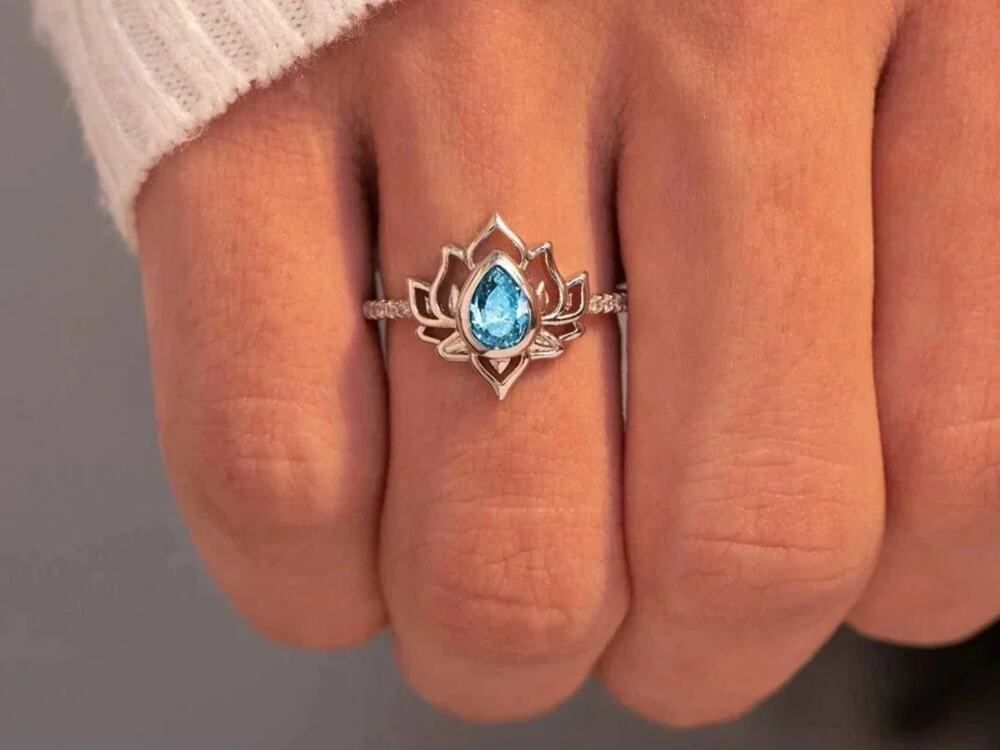 Lotus Flower Blue Stone Ring, Silver, Minimalist Boho Jewelry